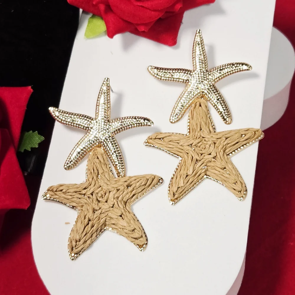 Gold Raffia Starfish Earrings Coastal Resort Statement Dangles Euro Summer Chic